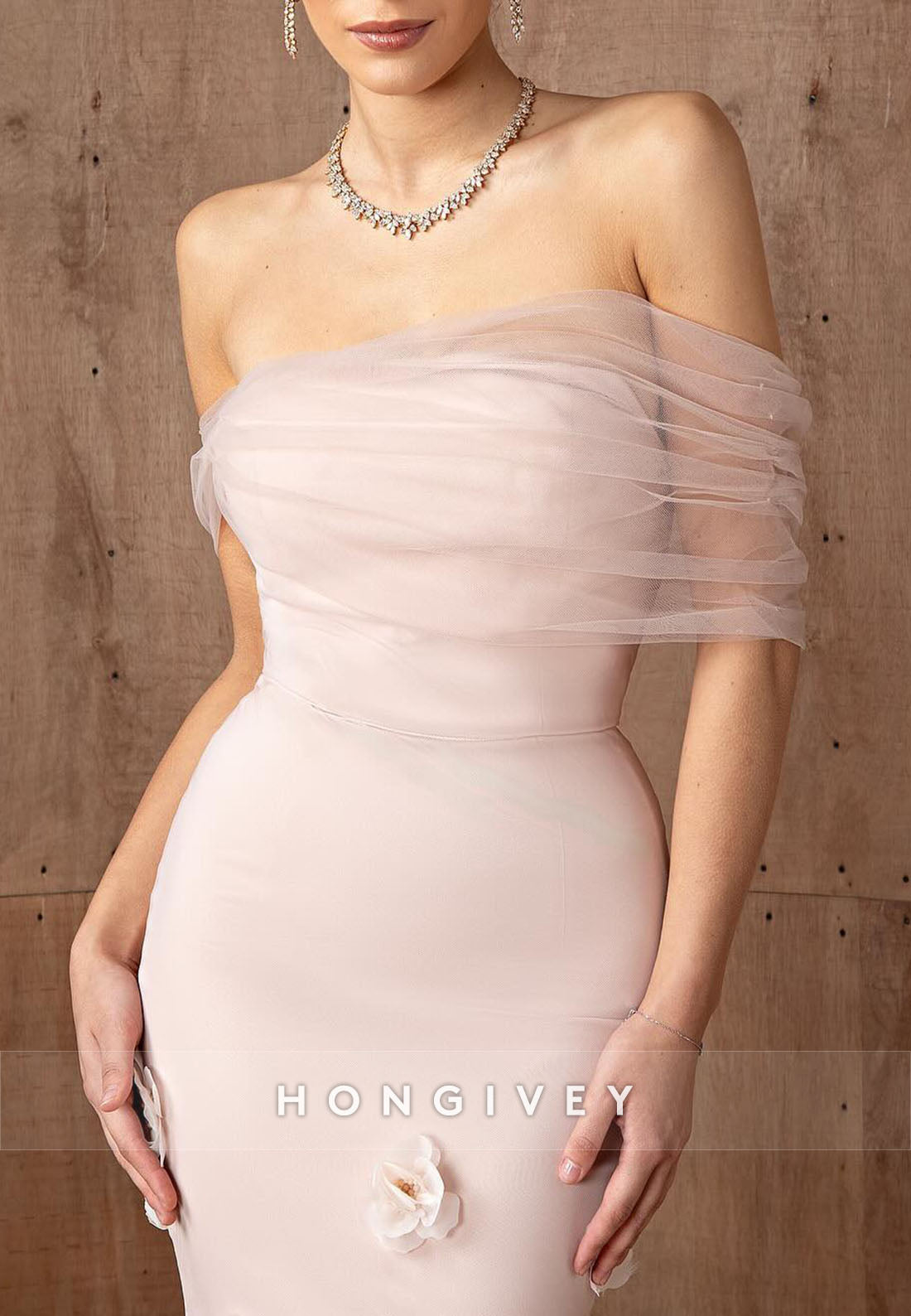 Blush Off the Shoulder Floor-Length Mermaid Evening Gowns with 3D Flowers