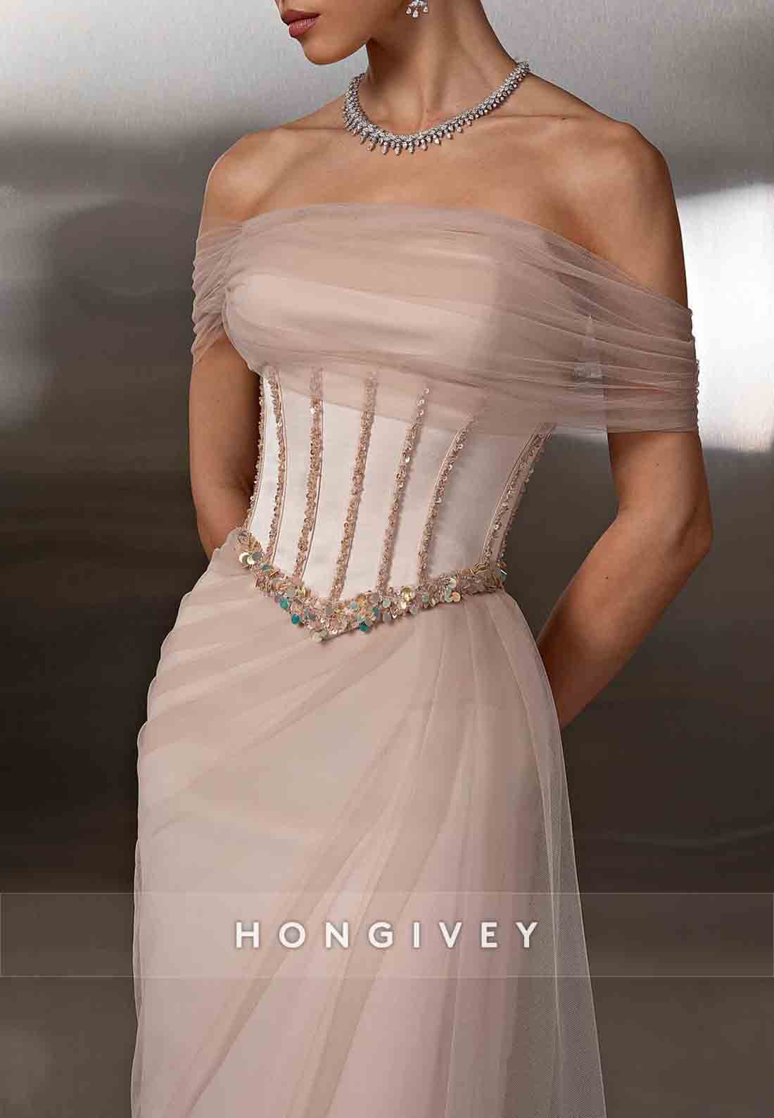 Tulle Off the Shoulder Tie Back Floor-Length Sheath Evening Gown