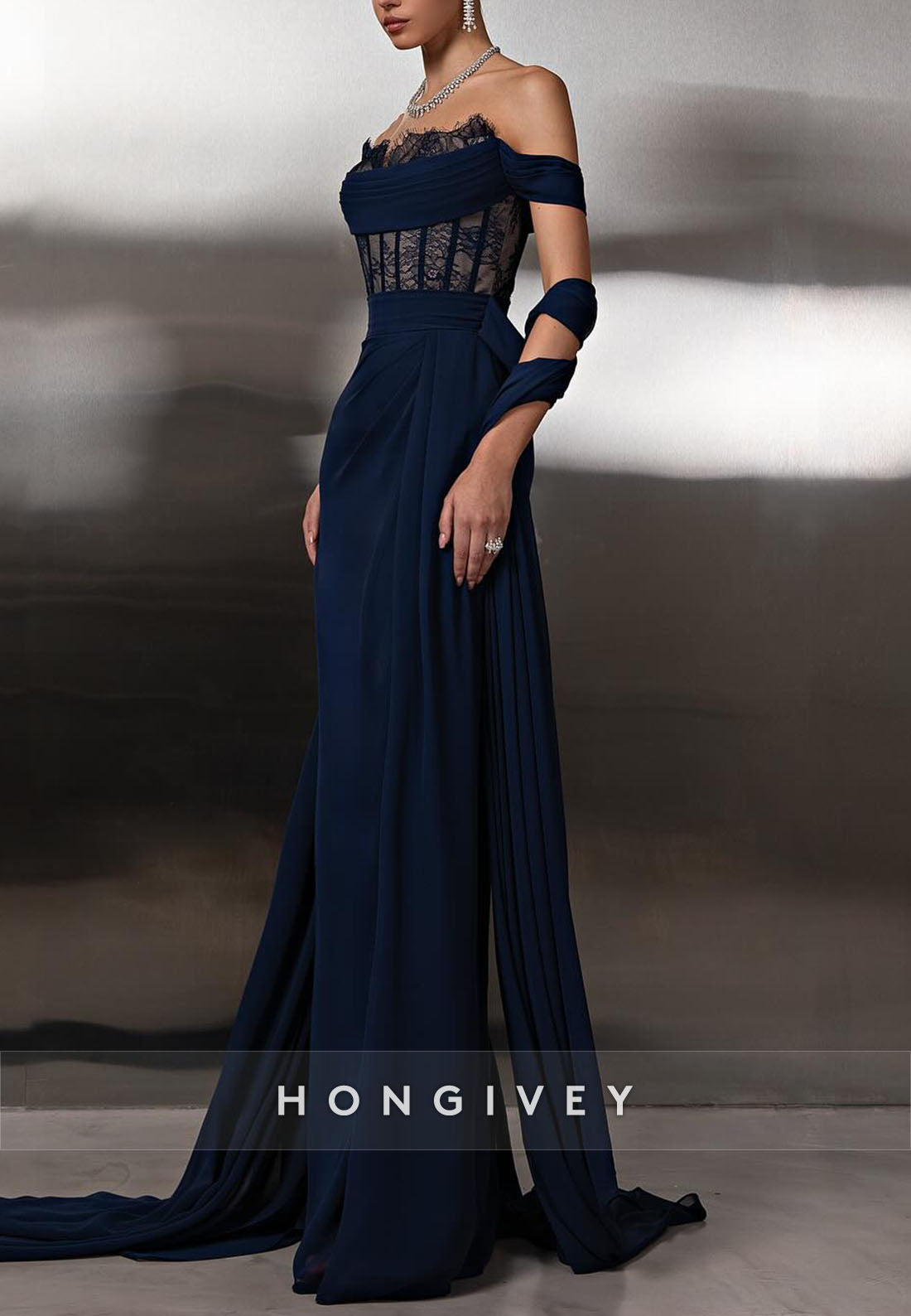 Off the Shoulder Navy Blue Column Lace Floor-Length Evening Gowns