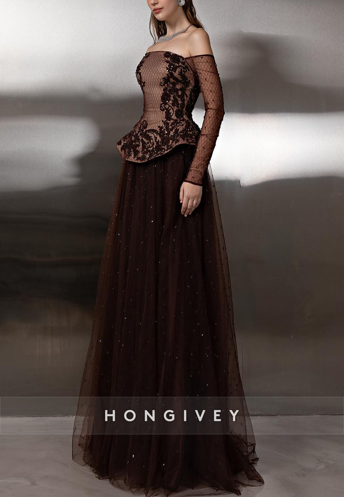 Brown Off the Shoulder Long Sleeves A-Line Evening Gowns with Appliques