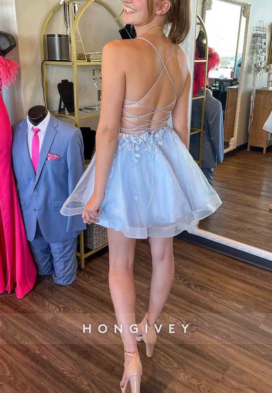 Halter Spaghetti Straps A-Line Sleeveless Crisscross Back Appliqued Homecoming Dresses