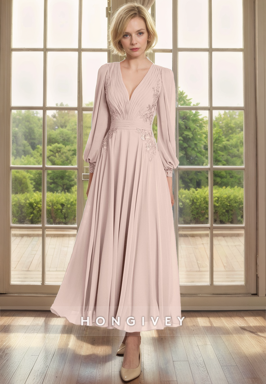A-Line V-Neck Long Sleeve Appliques Chiffon Mother of the Bride Dress