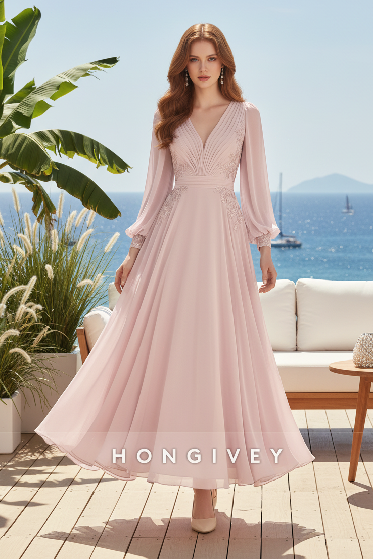 HM167 - Elegant Satin A-Line V-Neck Empire Long Sleeves Appliques Ruched Mother of the Bride Dress
