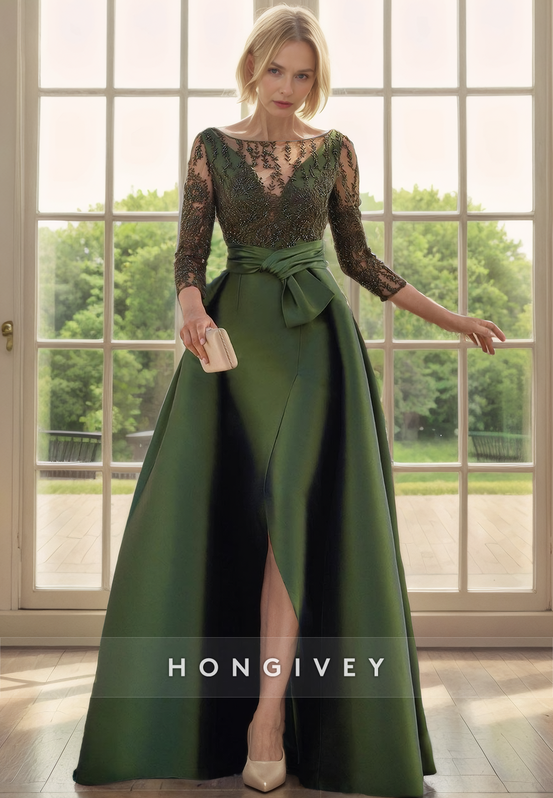Chic Satin A-Line Scoop 3/4 Sleeves Beaded Mother of the Bride Dress Chic Satin A-Line Scoop 3/4 Sleeves Beaded Mother of the Bride Dress