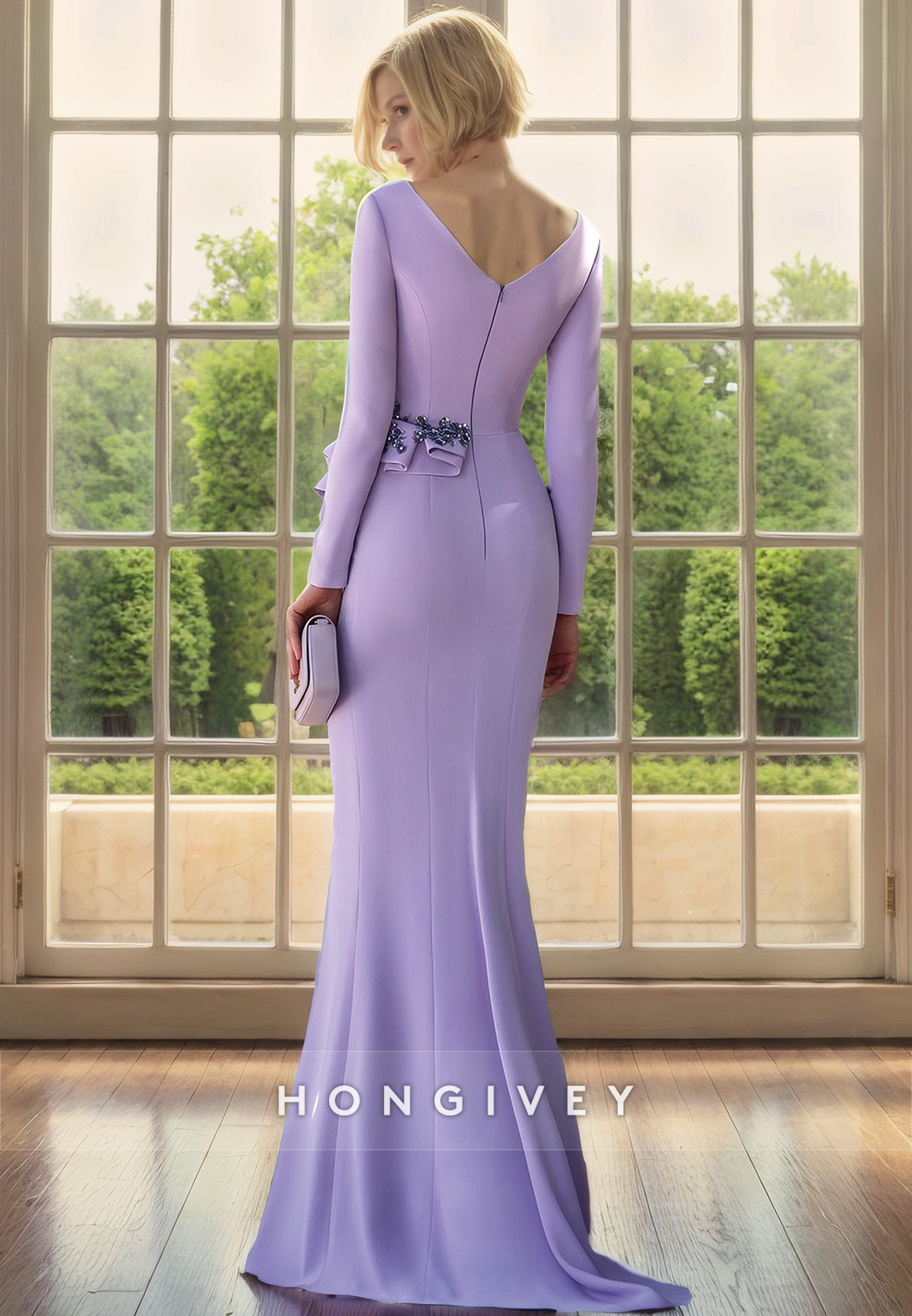 Elegant Satin Trumpet V-Neck Long Sleeve Beaded Mother of the Bride Dress