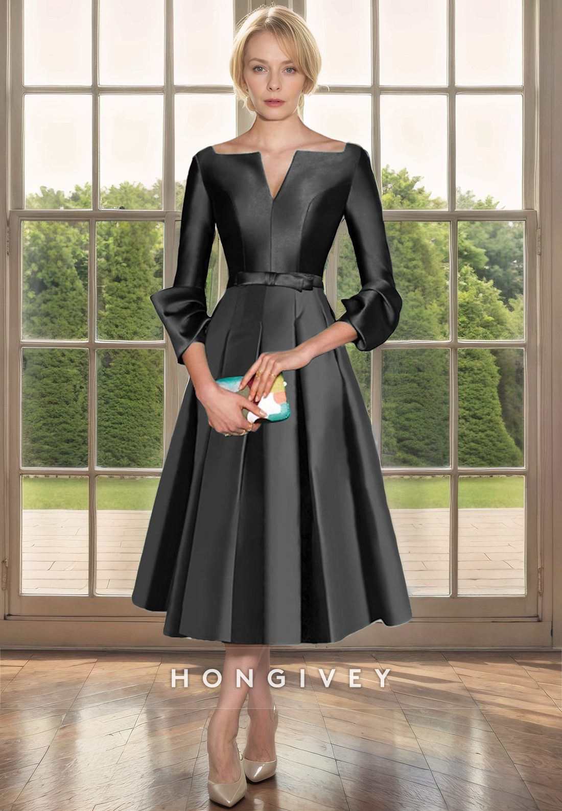 Satin A-Line Scoop Empire 3/4 Sleeves Mother of the Bride Dress