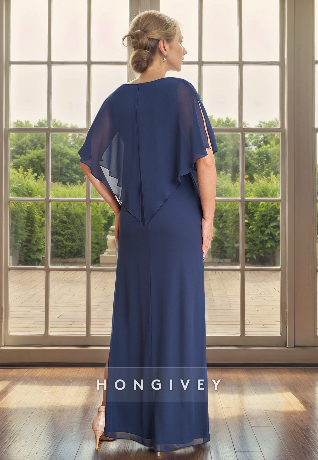 Chiffon Fitted V-Neck With Bolero Long Mother of the Bride Dress