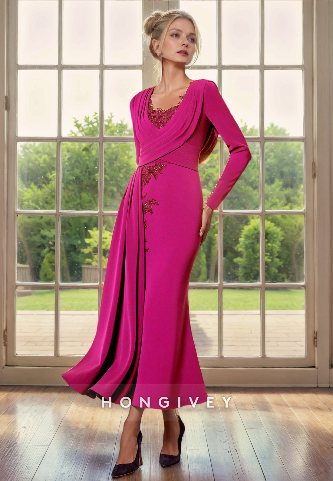 Chic Trumpet Empire Long Sleeve Appliques Mother of the Bride Dress