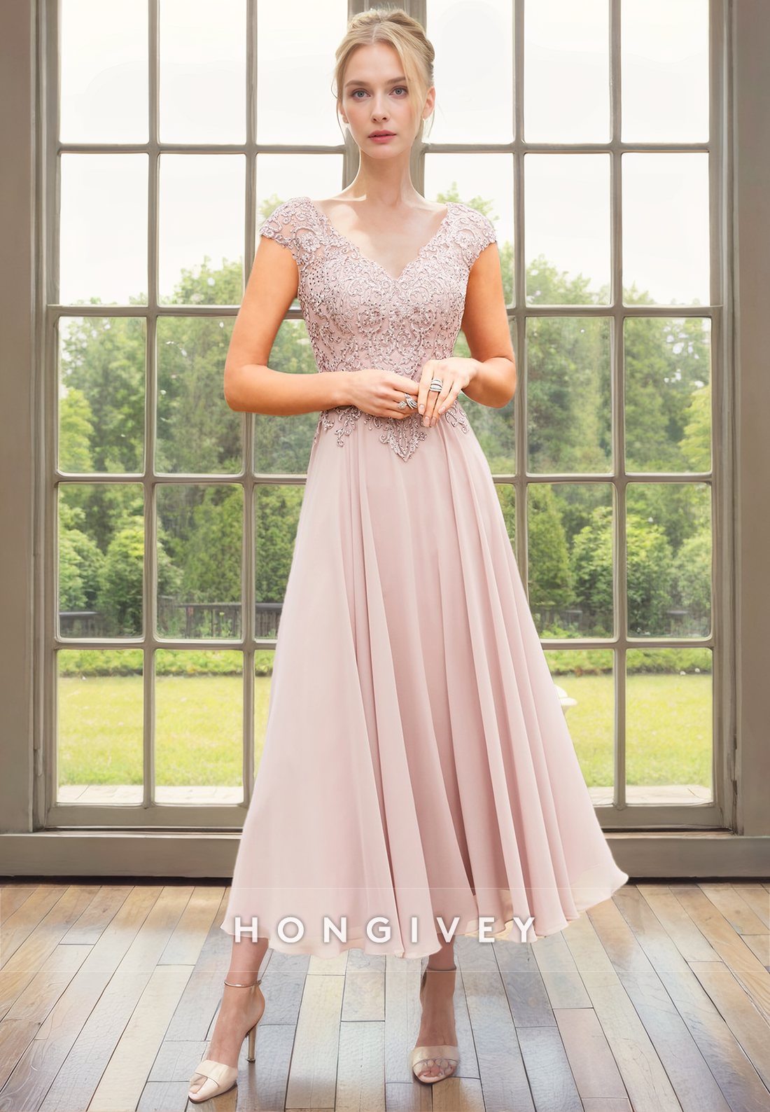 A-Line Empire V-Neck Cap Sleeve Lace Applique Mother of the Bride Dres A-Line Empire V-Neck Cap Sleeve Lace Applique Mother of the Bride Dres