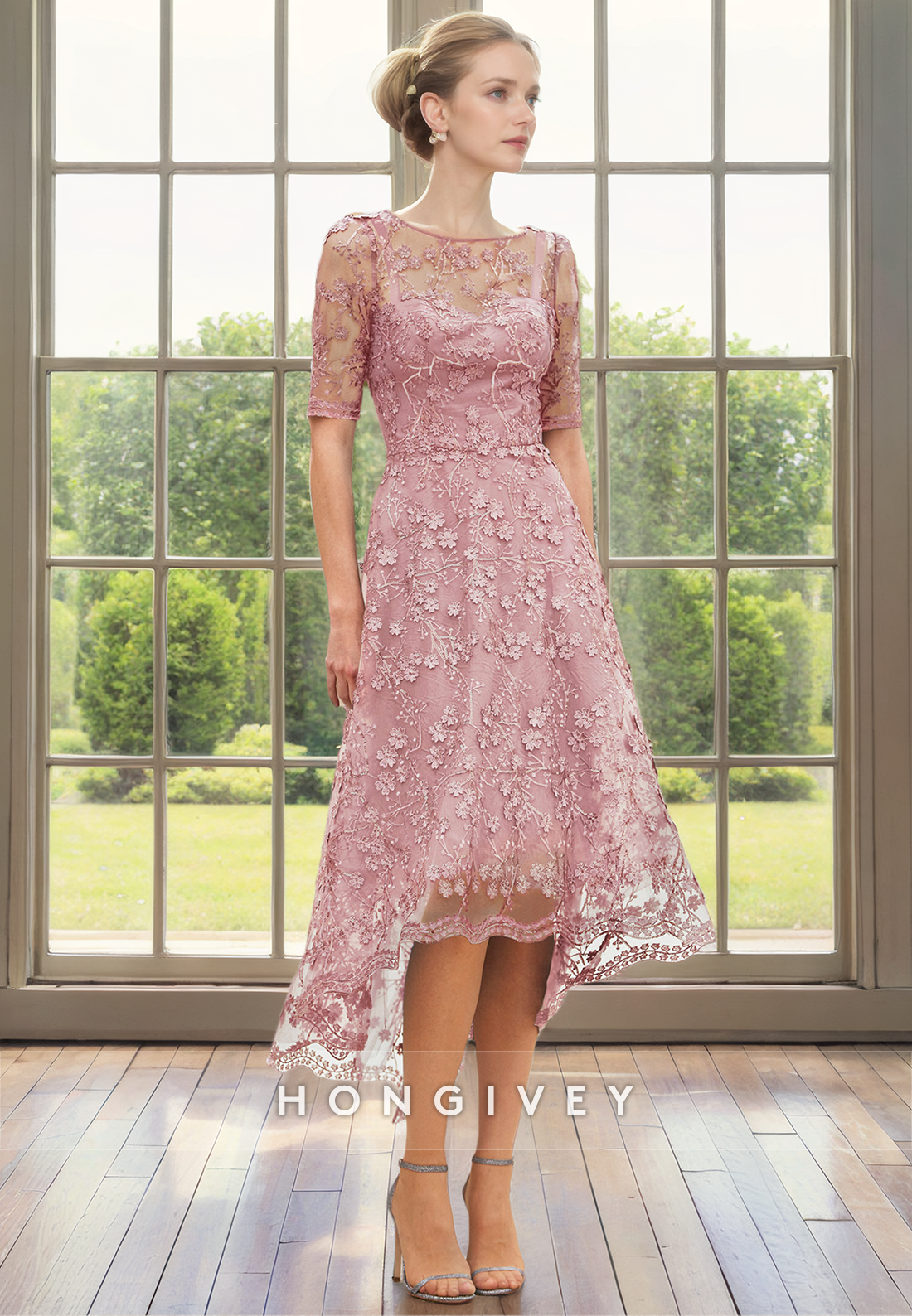 Lace Scoop Half Sleeves High Low Mother of the Bride Dress