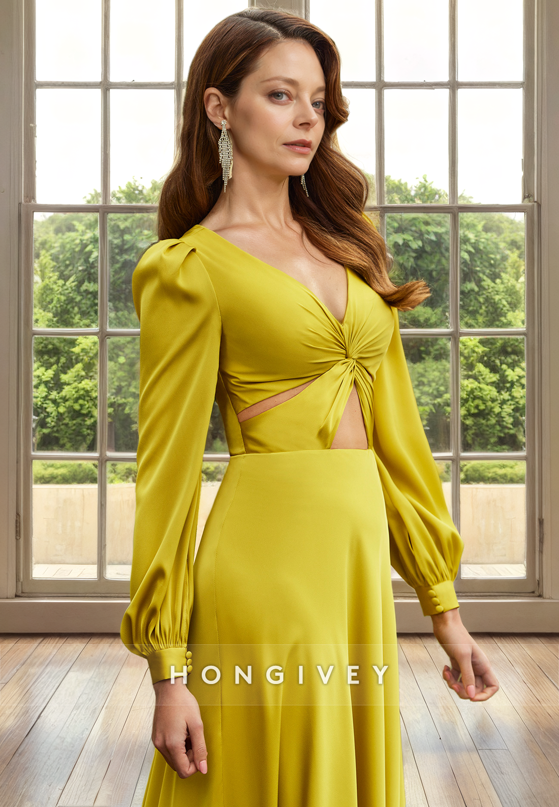 Chic Satin A-Line V-Neck Long Sleeve Mother of the Bride Dress