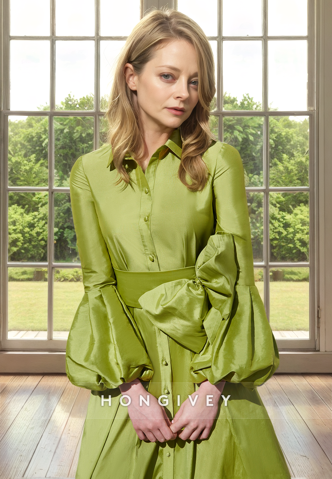 Satin A-Line Long Sleeves Belt Mother of the Bride Dress