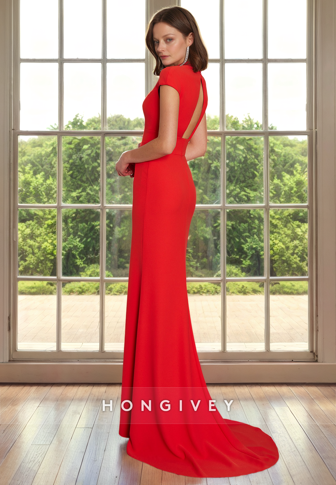 HM307 - Sexy Fitted V-Neck Cap Sleeves With Slit Evening Cocktail Dress