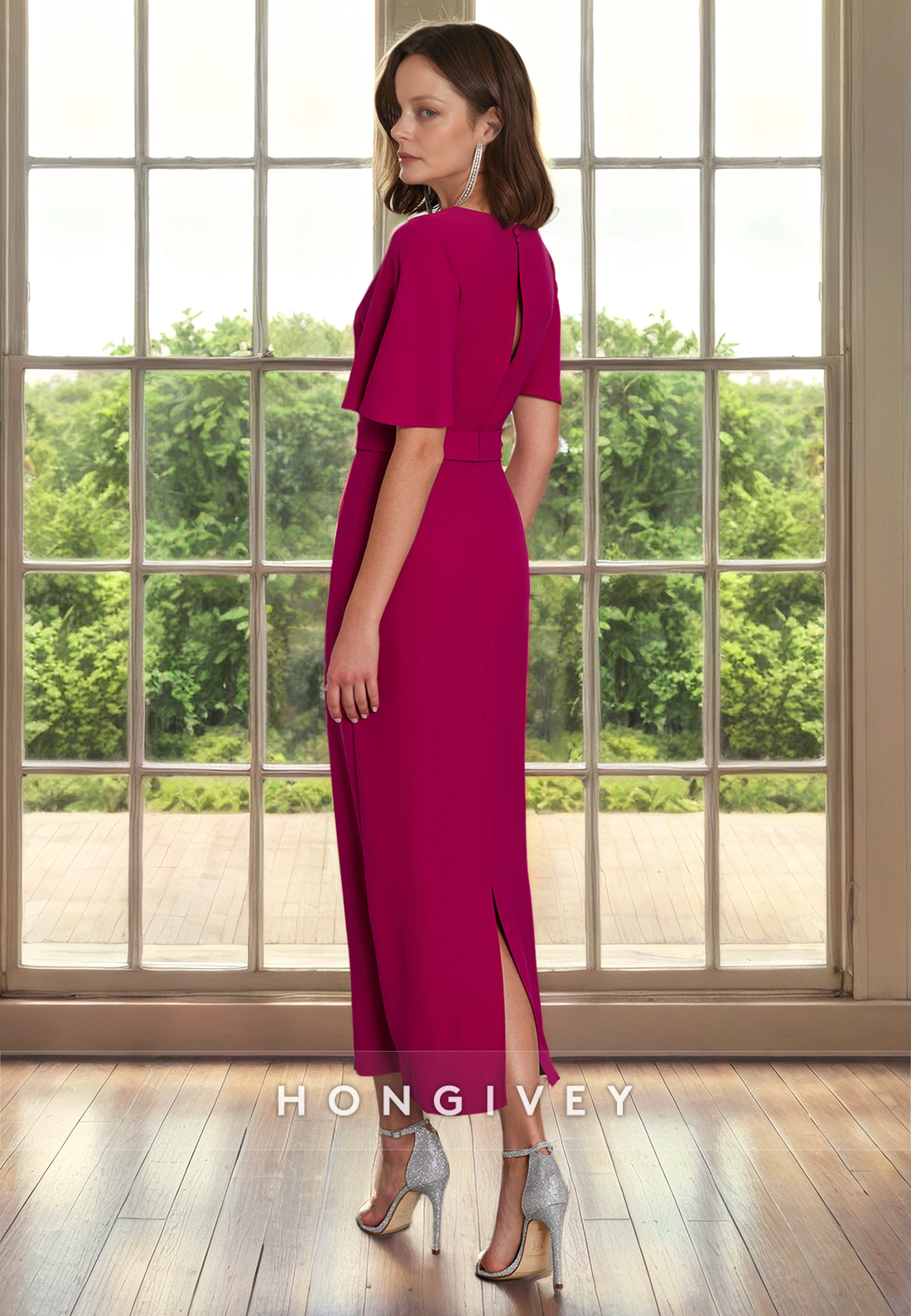 Round Short Sleeves Appliques Fitted Formal Evening Cocktail Dress