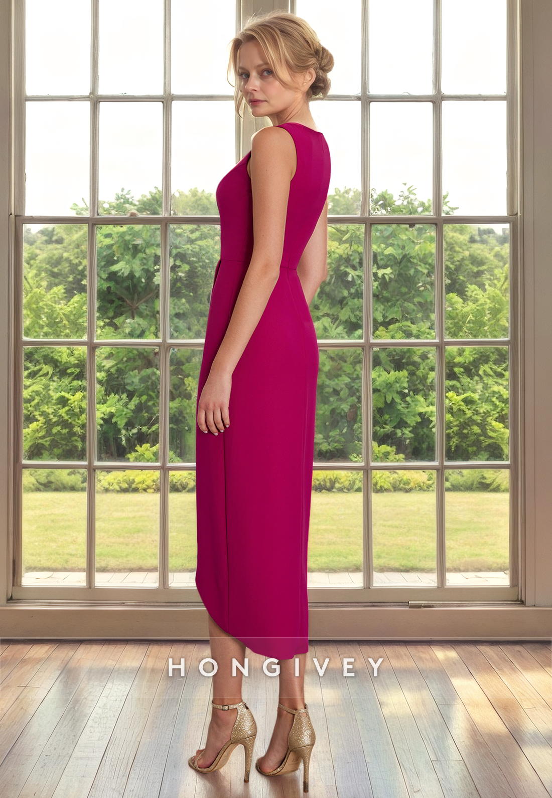 HM312 - Chic & Modern V-Neck Sleeveless Empire Pleats Fitted Cocktail Formal Dress