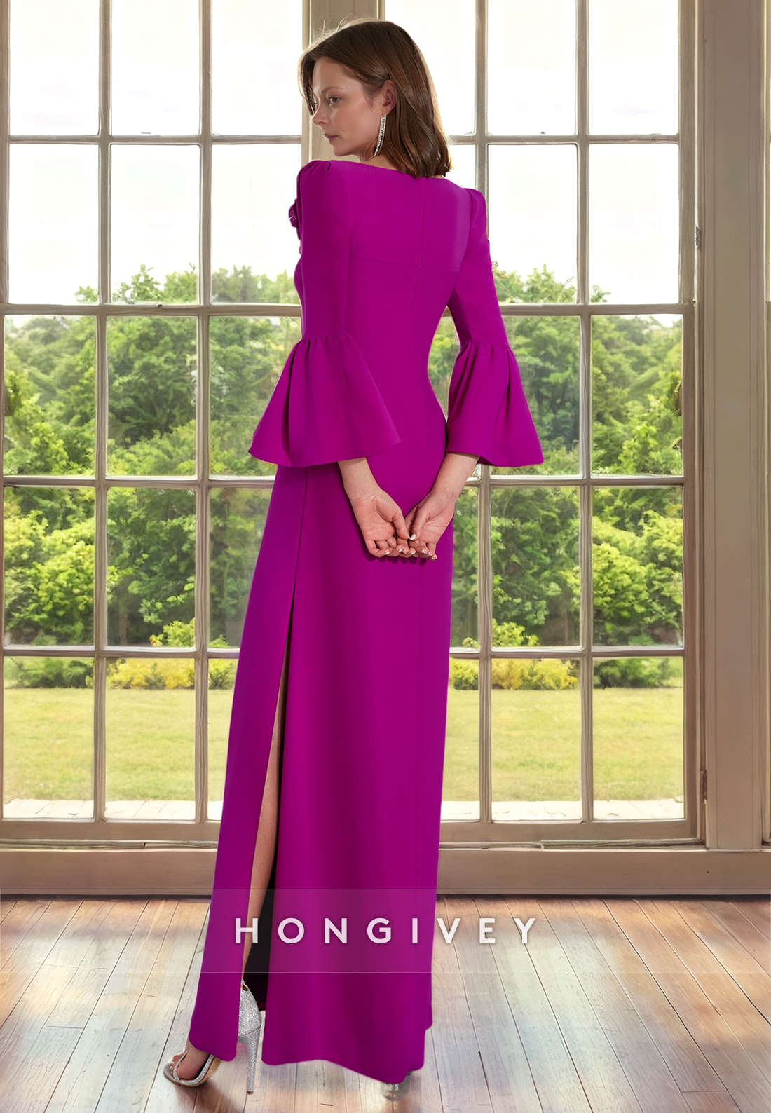 HM313 - Elegant & Luxurious V-Neck Long Sleeve Floral Embossed Formal Cocktail Dress