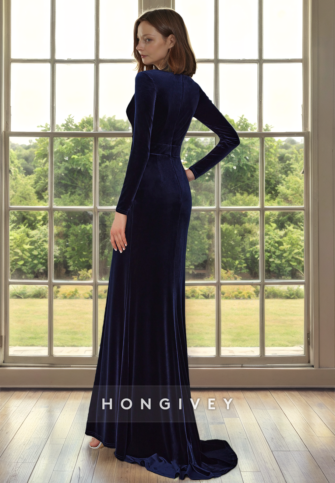 HM314 - Classic & Timeless V-Neck Long Sleeve Pleats With Side Slit Formal Cocktail Dress