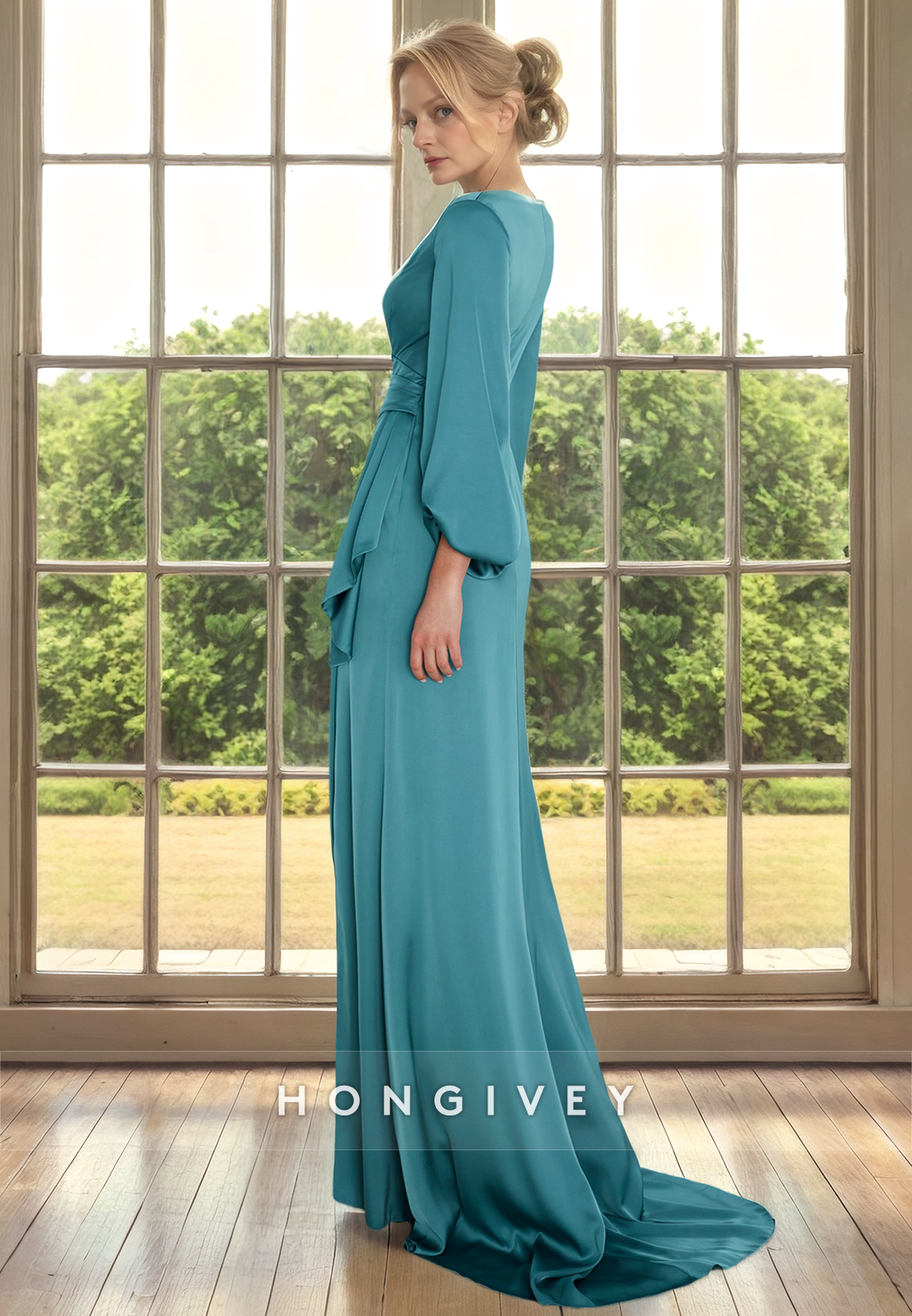 HM316 - Casual Trumpet V-Neck Long Sleeve With Side Slit Formal Cocktail Dress