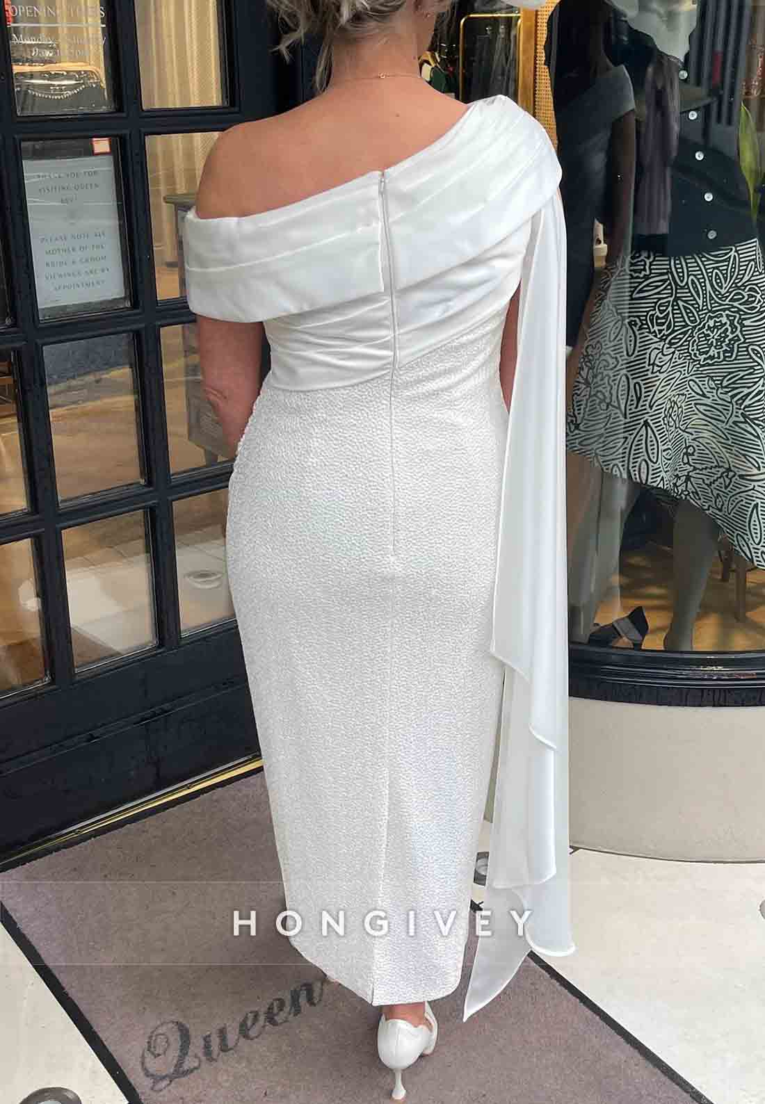 One Shoulder Tea-Length Side Draping Pleated Cap Sleeves Mother of the Bride Dress