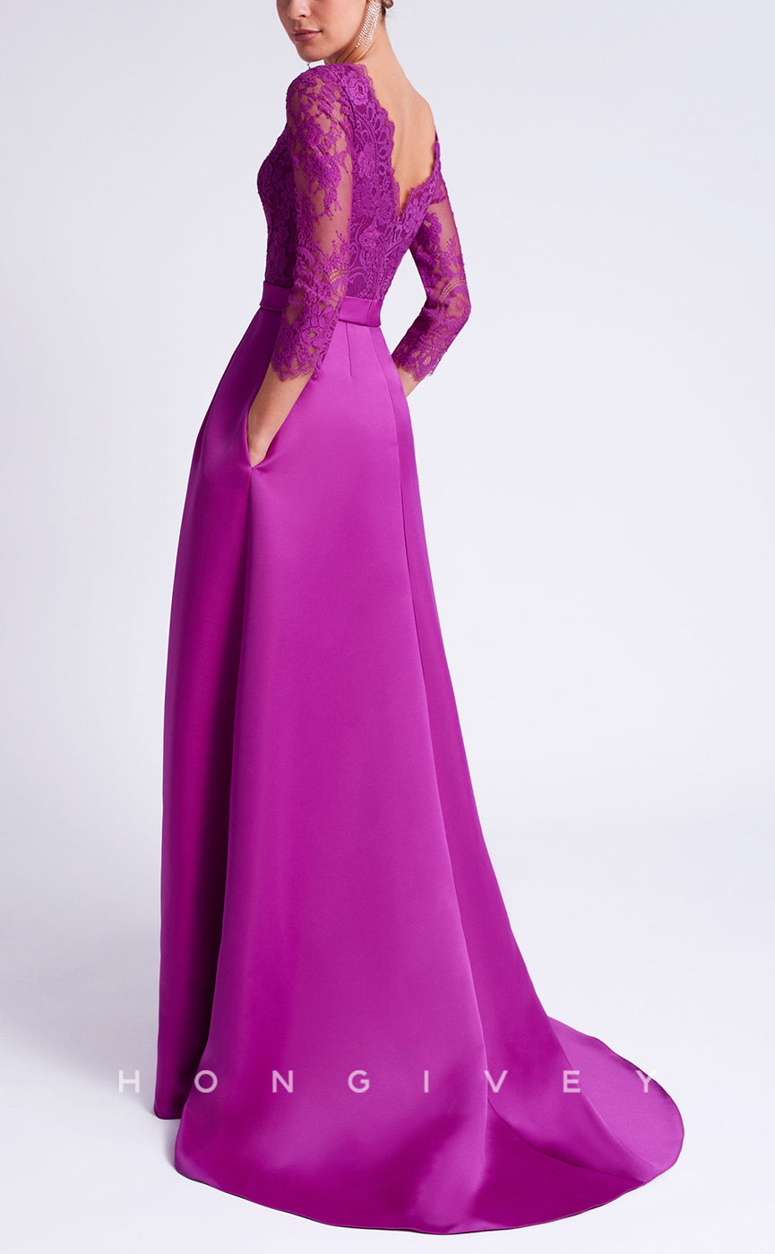 HM287 - A-Line Scoop 3/4 Sleeves Two Tone With Train Mother of the Bride Dress