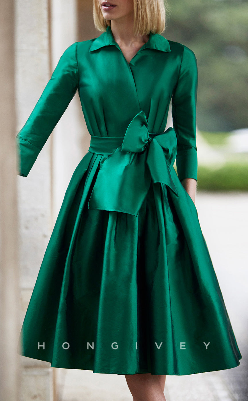 HM301 - Satin A-Line Empire Belt 3/4 Sleeves With Pockets Cocktail Dre HM301 - Satin A-Line Empire Belt 3/4 Sleeves With Pockets Cocktail Dre