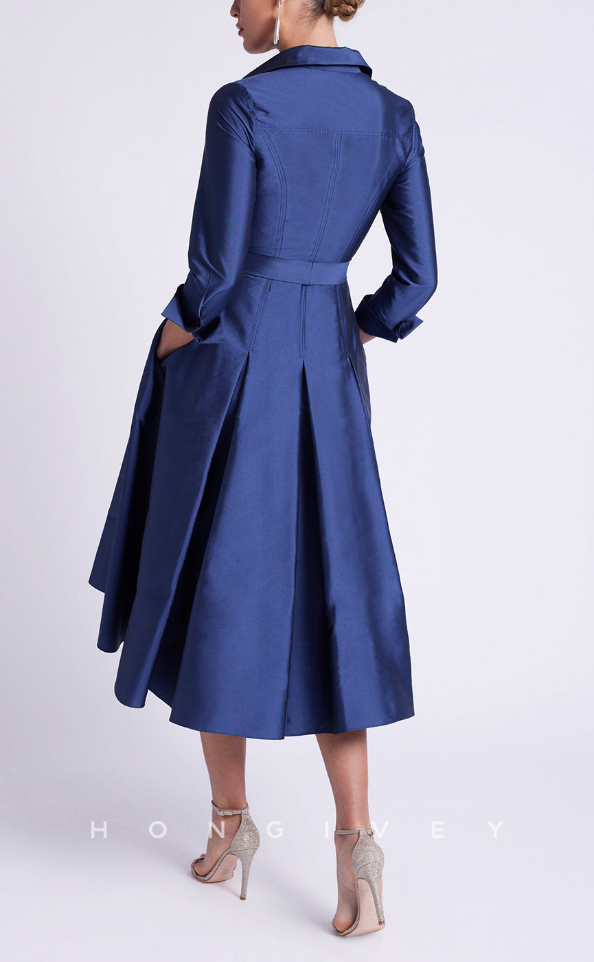 HM292 - Satin A-Line Empire 3/4 Sleeves With Pockets Tea-Length Mother of the Bride Dress