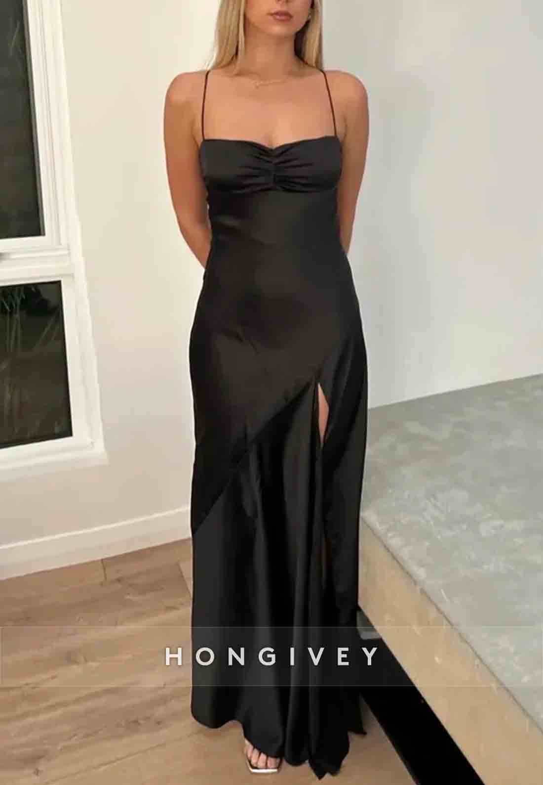 Spaghetti Straps Simple Sheath Pink Long Party Dress with High Slit