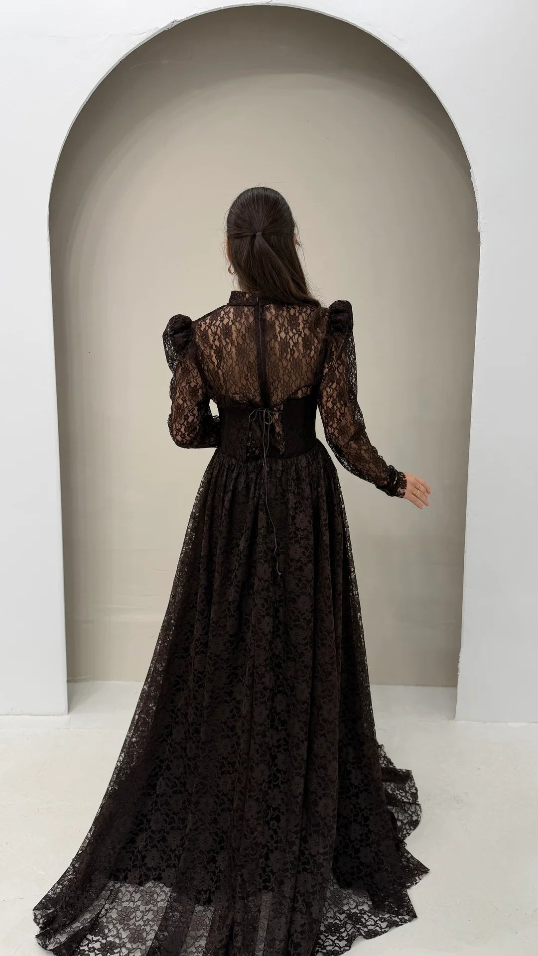 High Neck Lace Long Sleeve A-Line Floor-Length Evening Dress Sparkle