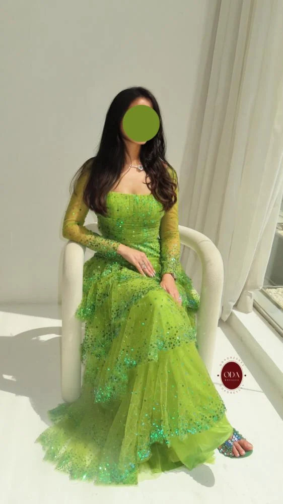 Sequins Sparkle Green Square Neck Long Sleeve A-Line Tassel Evening Dress