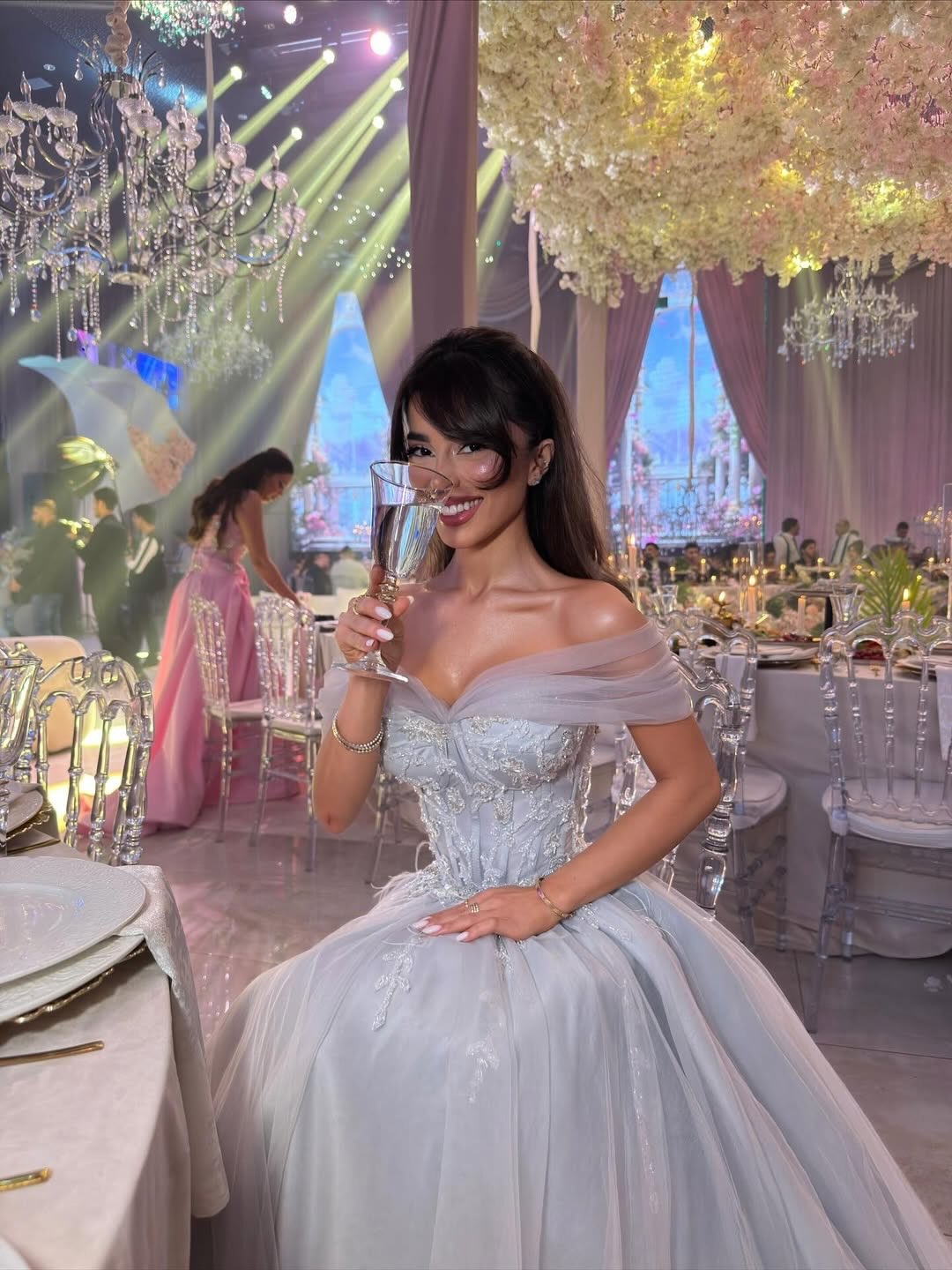 A-Line Off the Shoulder Blue Tulle Applique Floor-Lenght Prom Dress