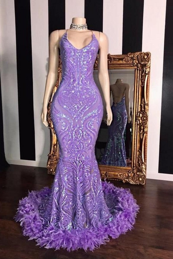 Gorgeous Halter Mermaid Sleeveless Sequins Lace Prom Dress With Feather