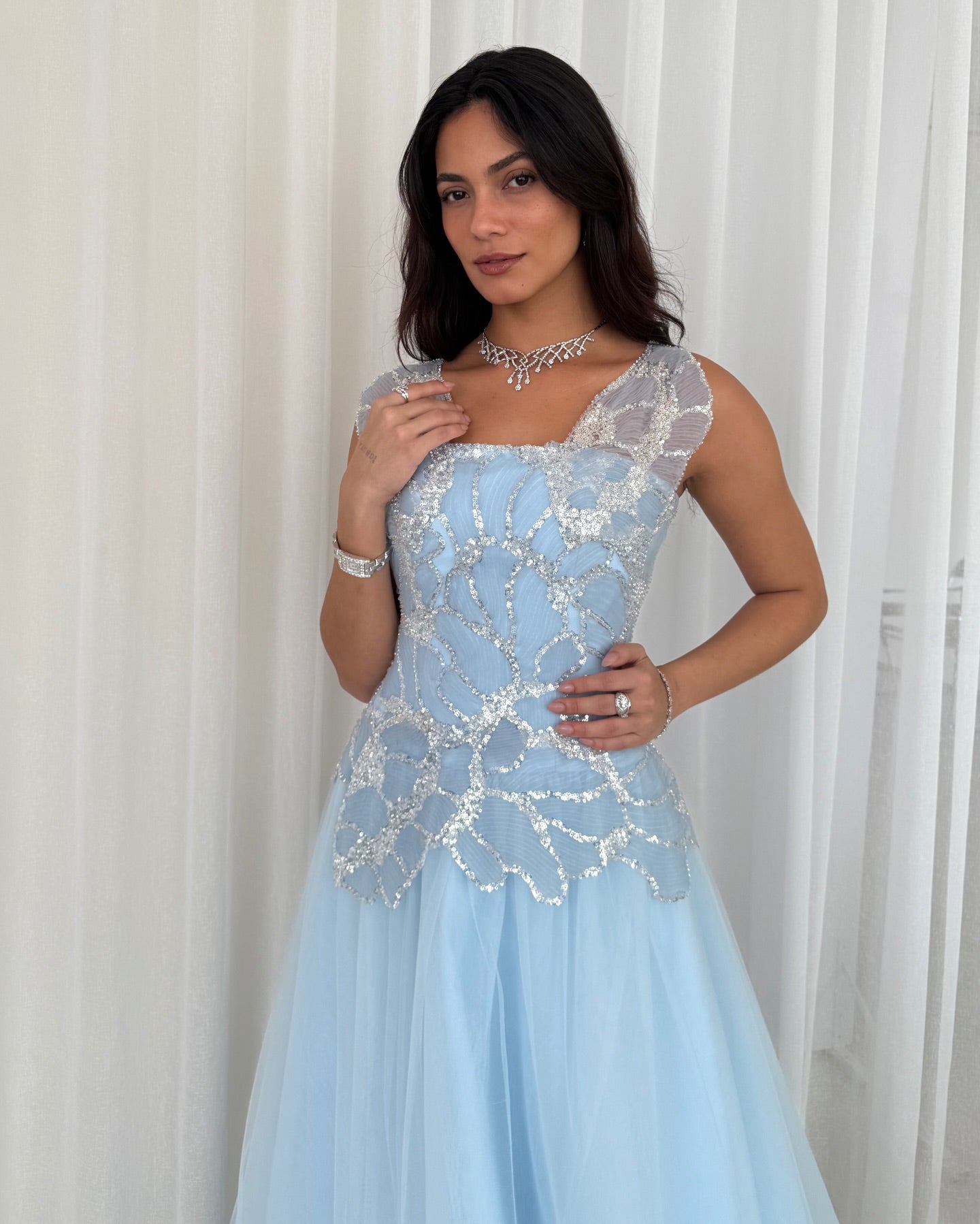V-Neck Sleevless Blue Lace Sequins Sparkle Tulle A-Line Evening Dress