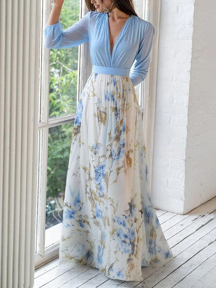 Elegant V Neck Sky Blve Long Sleeve Evening Dress