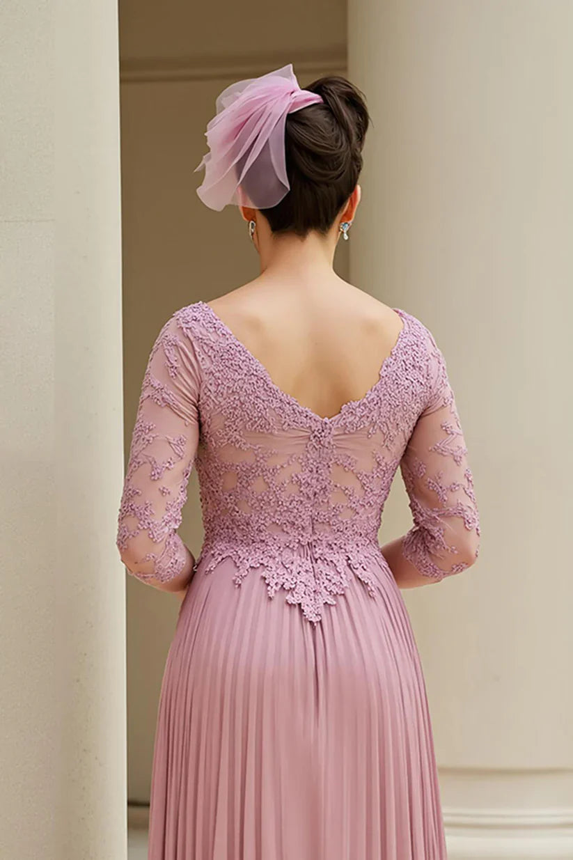 Dusty Rose A-Line V-Neck 3/4 Sleeves Mother of the Bride Dress with Appliques