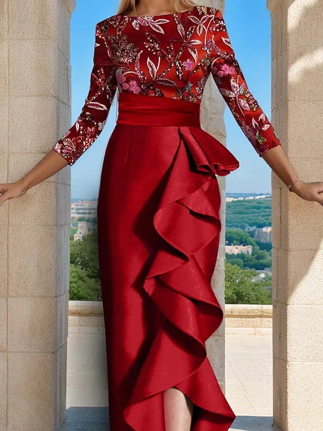 Floor Length Prom Dresses Evening Gown Elegant Glittering 3/4 Length Sleeve