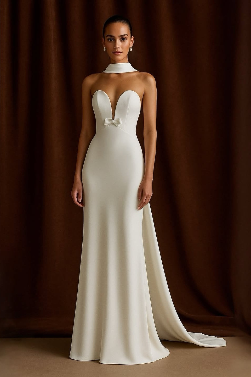 White Satin Mermaid Sleeveless Deep V-Neck Long Wedding Dress With Scarf