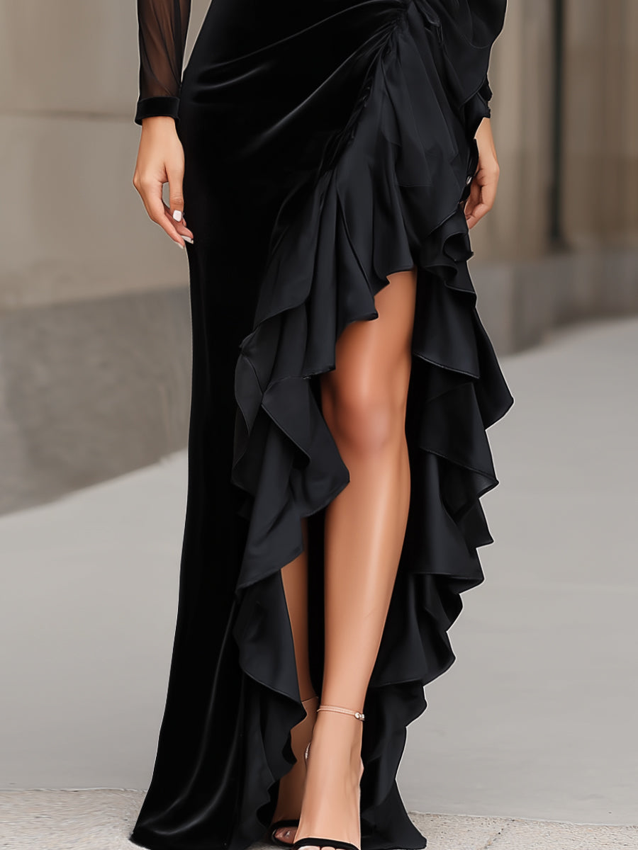 Velvet Evening Dress With Sheer Sleeves And Cascading Ruffle Slit