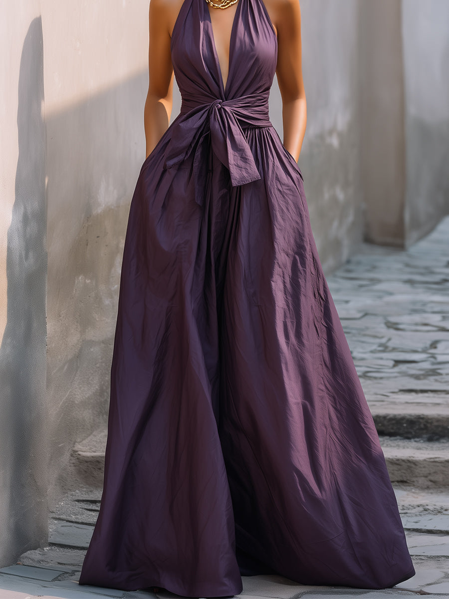 Halter Deep V-Neck Tie-Waist Maxi Dress