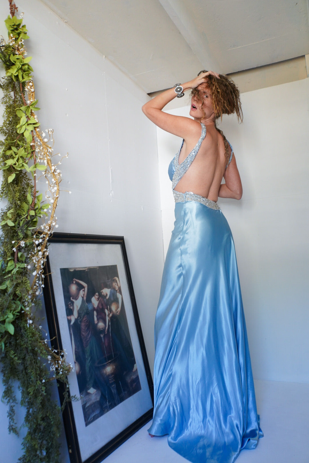 Blue Satin Backless Gown