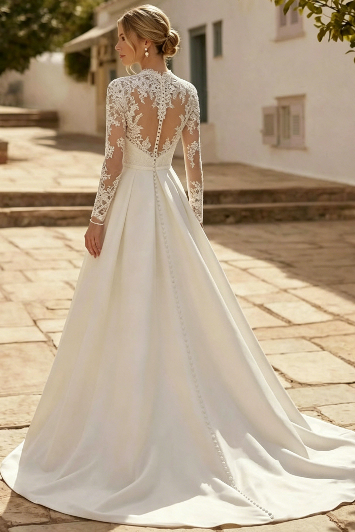A-Line V-Neck Long Sleeves Satin Wedding Dresses With Pockets