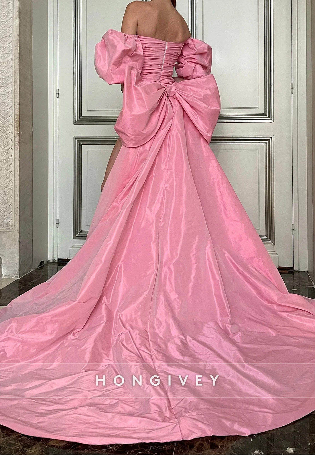 A-Line High Low Bows Hot Pink Holiday Prom Dresses with Court Train