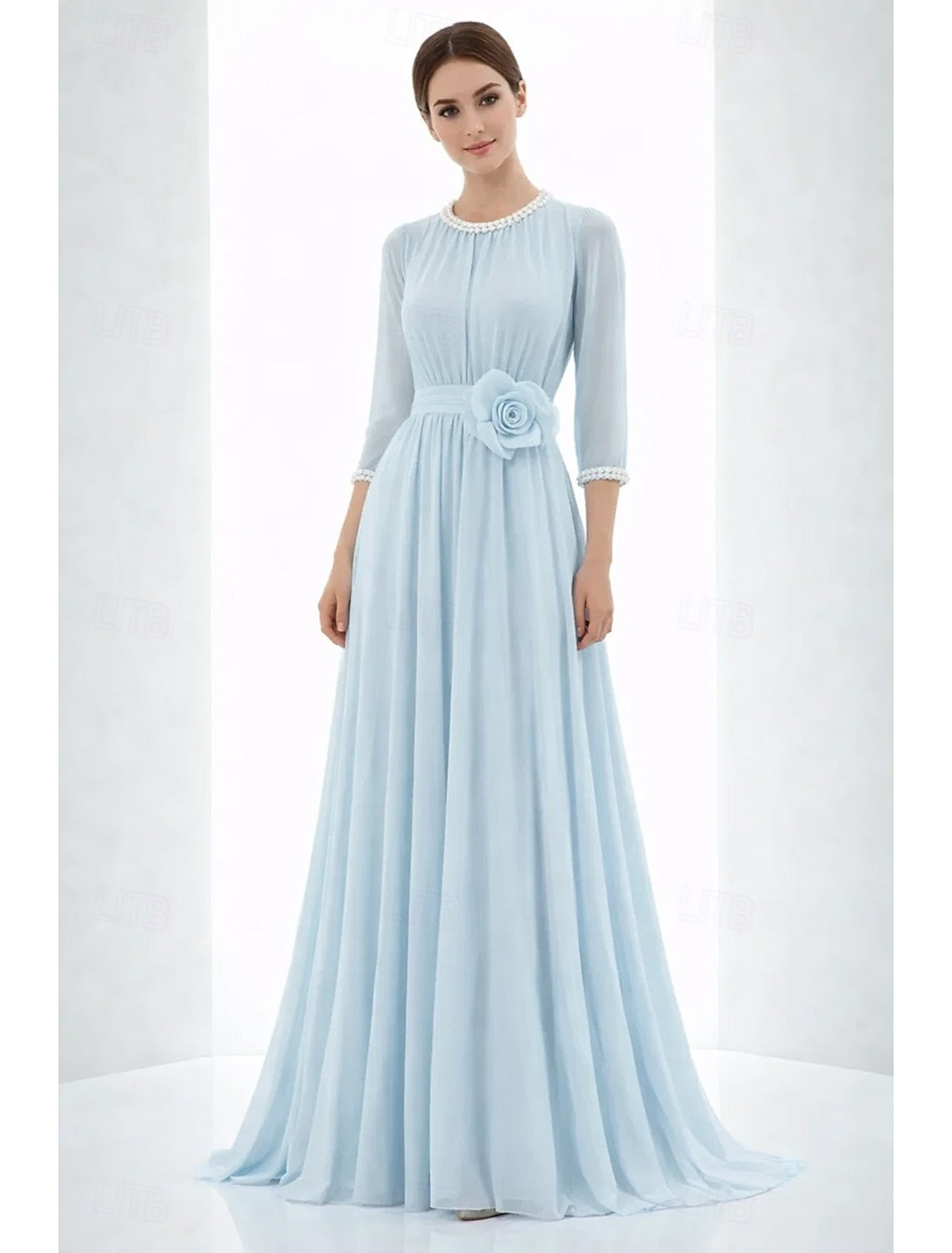 Flowers O-Neck 3/4 Sleeve A-Line Floor-Length Evening Dress