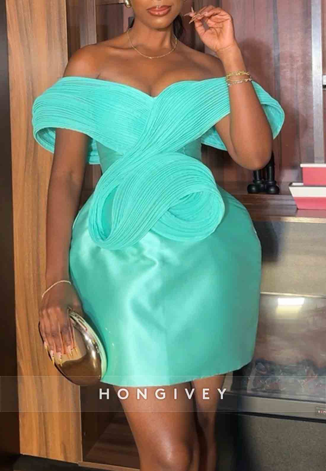 Off the Shoulder Pleated Satin Turquoise Short Homecoming Dresses