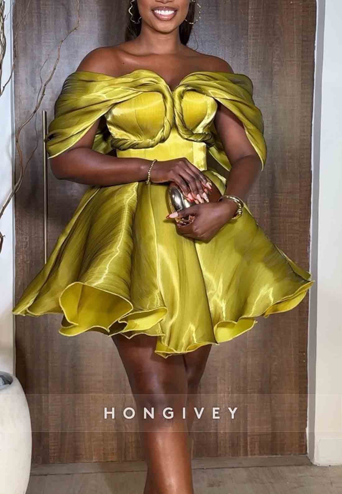 Off the Shoulder Pleated Satin Ball Gown Short Homecoming Dresses