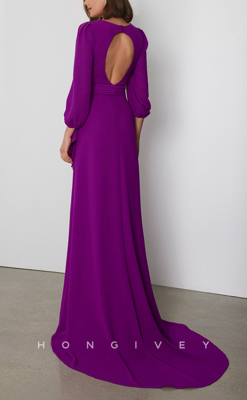 HM278 - Elegant & Luxurious V-Neck Long Sleeve Ruffled With Train Cocktail Evening Dress
