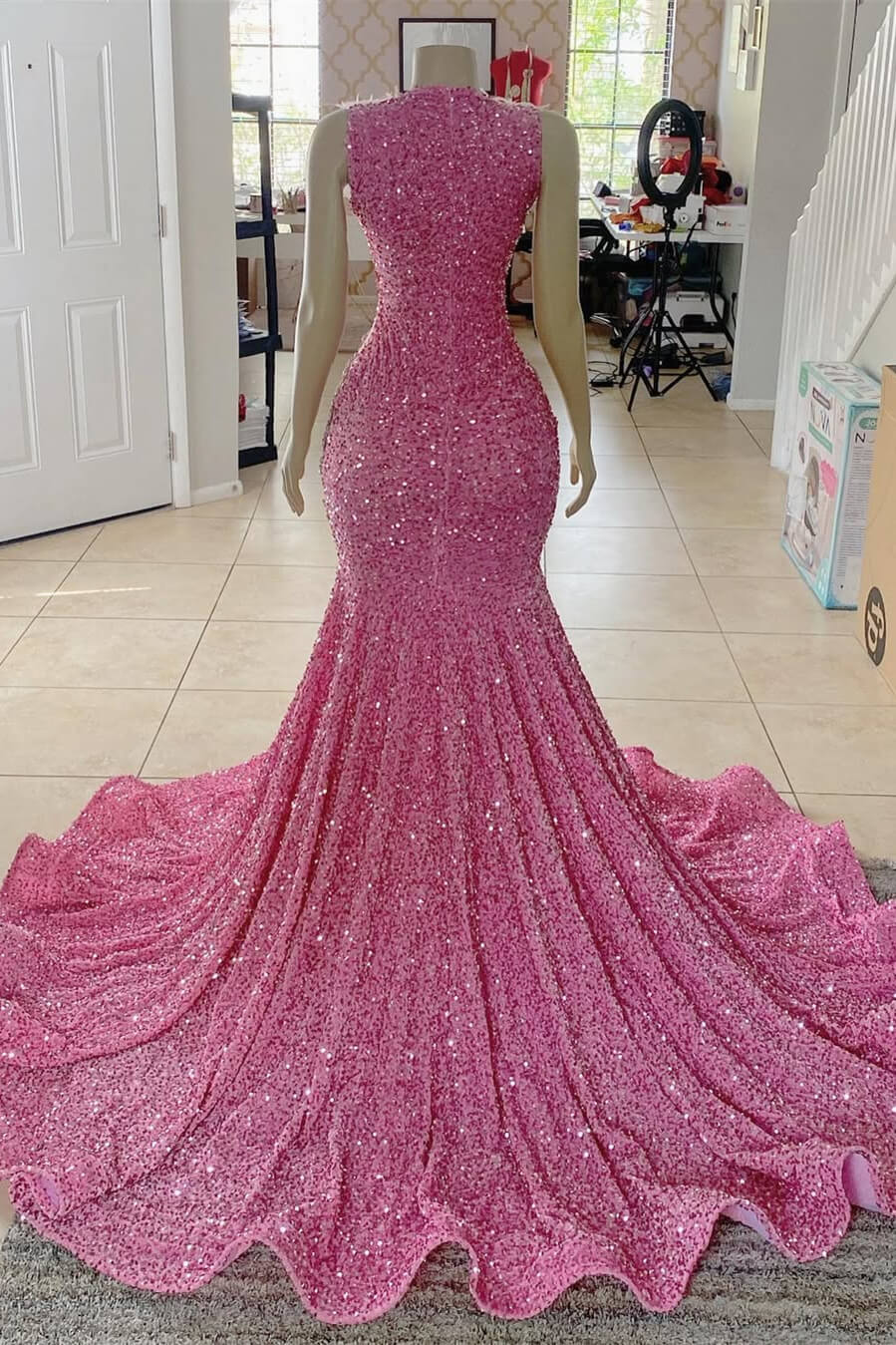Pink Scoop Sleeveless Sequins Mermaid Prom Dresses Long With Beadings Crystals Feather