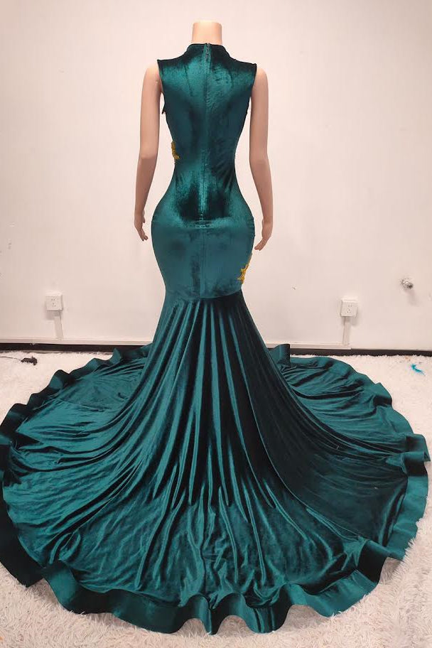 Dark Green Scoop Sleeveless Mermaid Prom Dresses Long With Gold Beadings