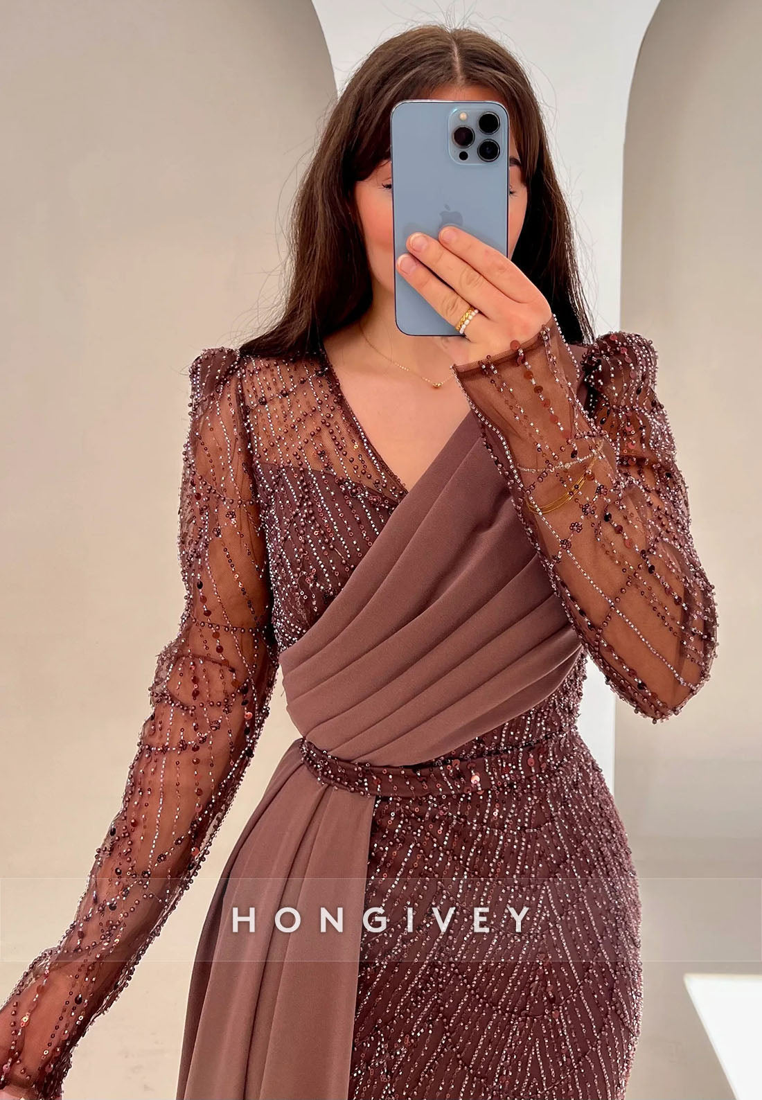 Asymmetrical Floor-Length Formal Dresses V Neck Long Sleeve Pleated Side Draping Evening Gown