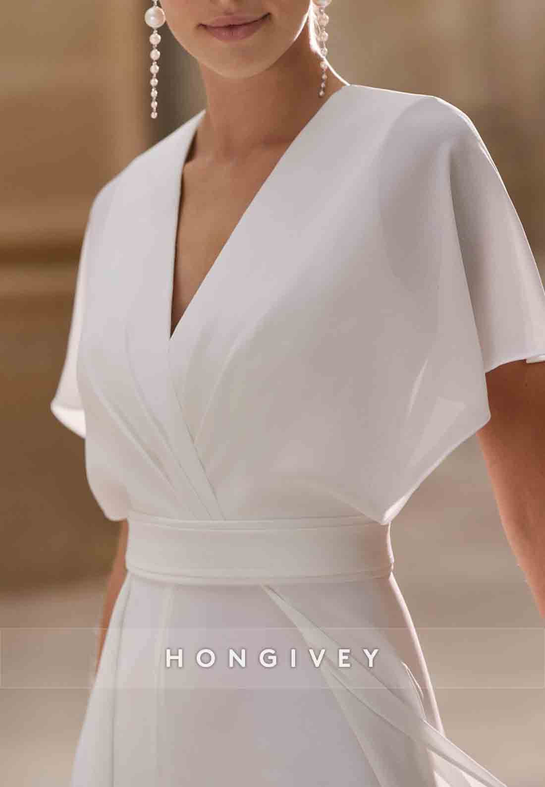 V-Neck Jumpsuit Floor-Length Flutter Sleeves Chiffon Wedding Dresses