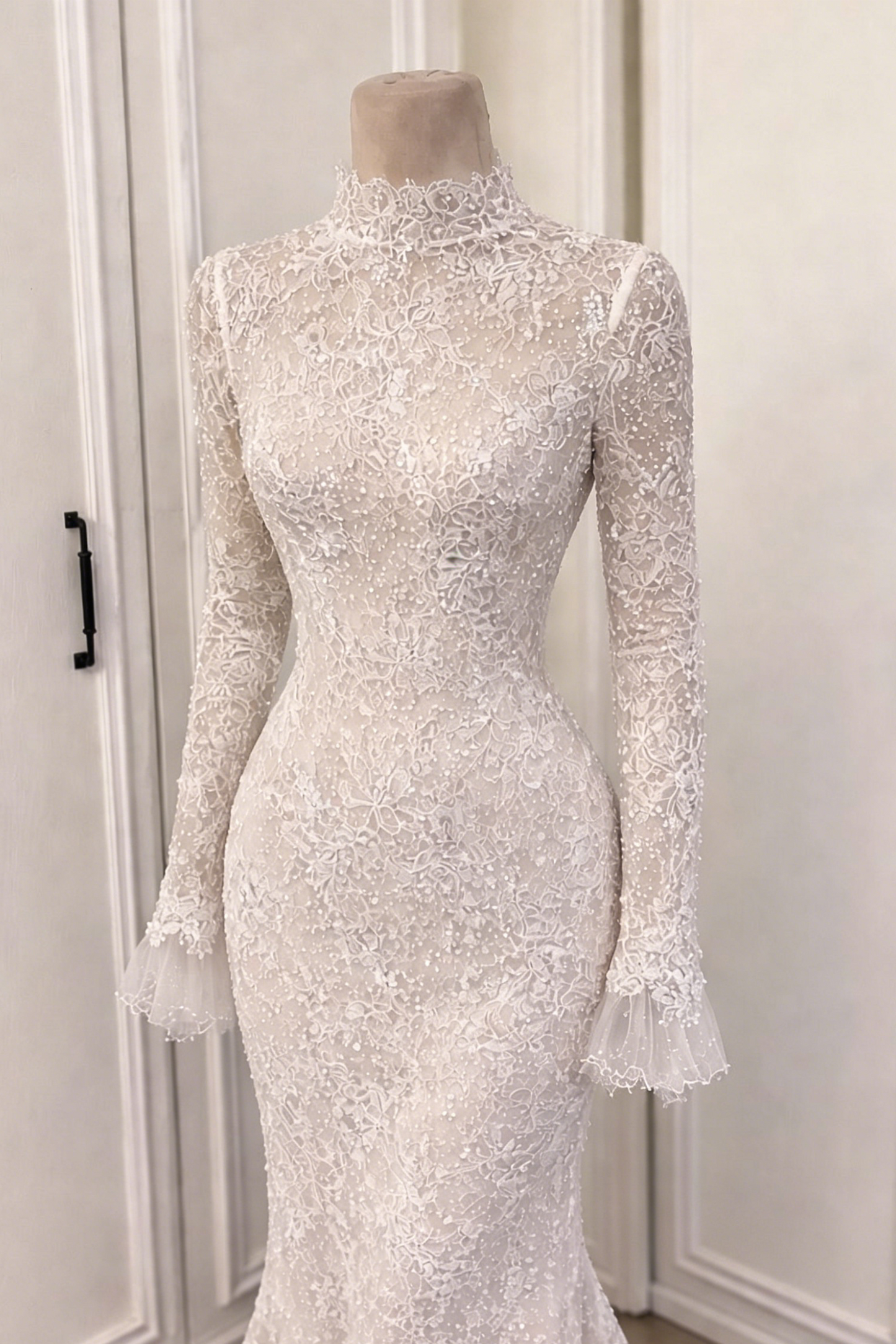 Lace High Neck Long Sleeve Mermaid Floor-Length Wedding Dress